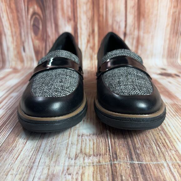 Clarks SHARON GRACIE Womens Size 8.5 Black Leather Tweed Wedge Loafers Shoes - Picture 2 of 10